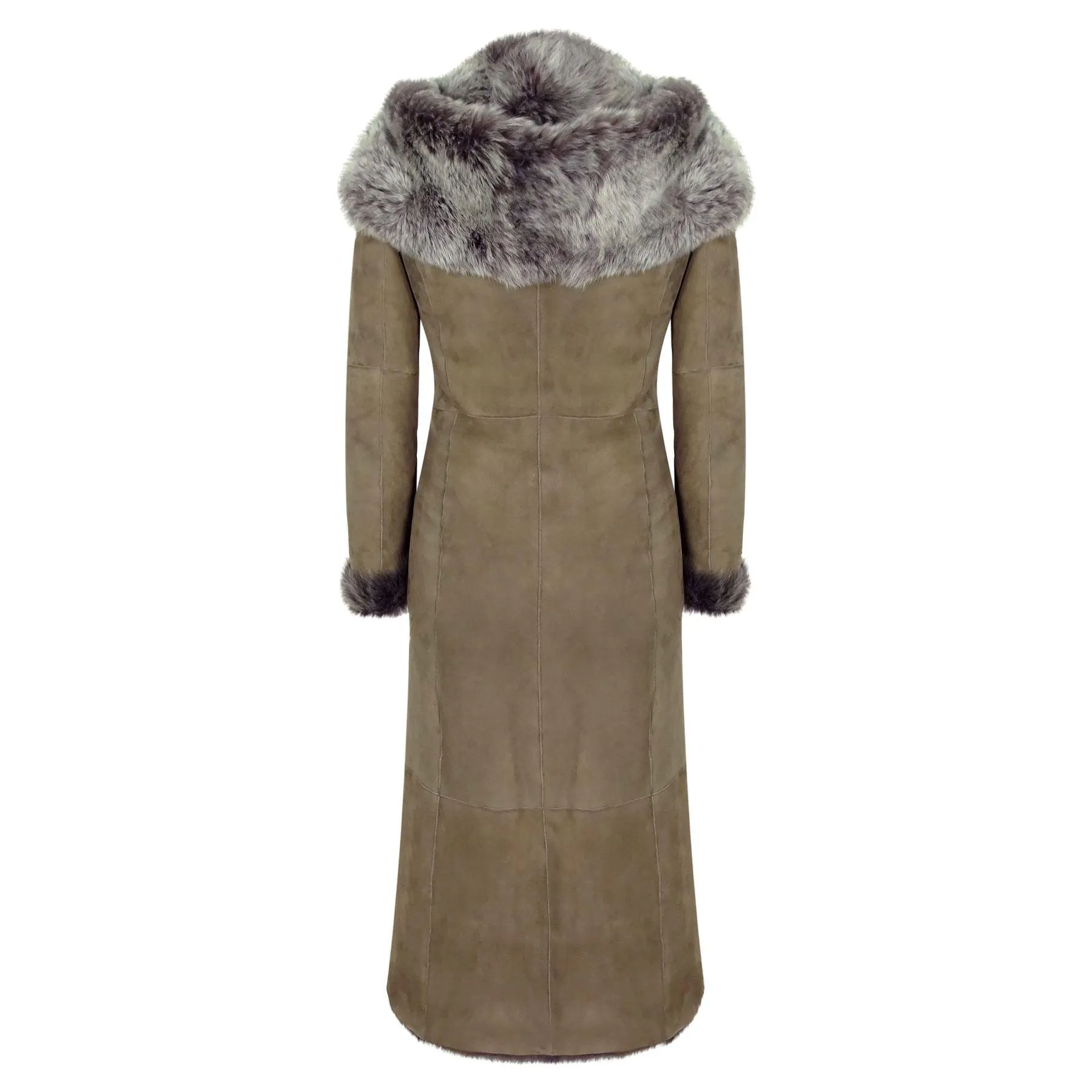 Ladies Suede Toscana Full Length Hooded Taupe Sheepskin Leather Trench Coat