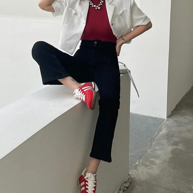 Lanfubeisi work outfits women Original Pure Flared Pants Spring New Elegant High Waist Cropped Pants Slim Pants Jeans for Small Girls