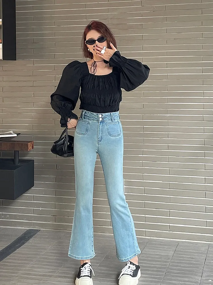 Lanfubeisi work outfits women Original Pure Flared Pants Spring New Elegant High Waist Cropped Pants Slim Pants Jeans for Small Girls