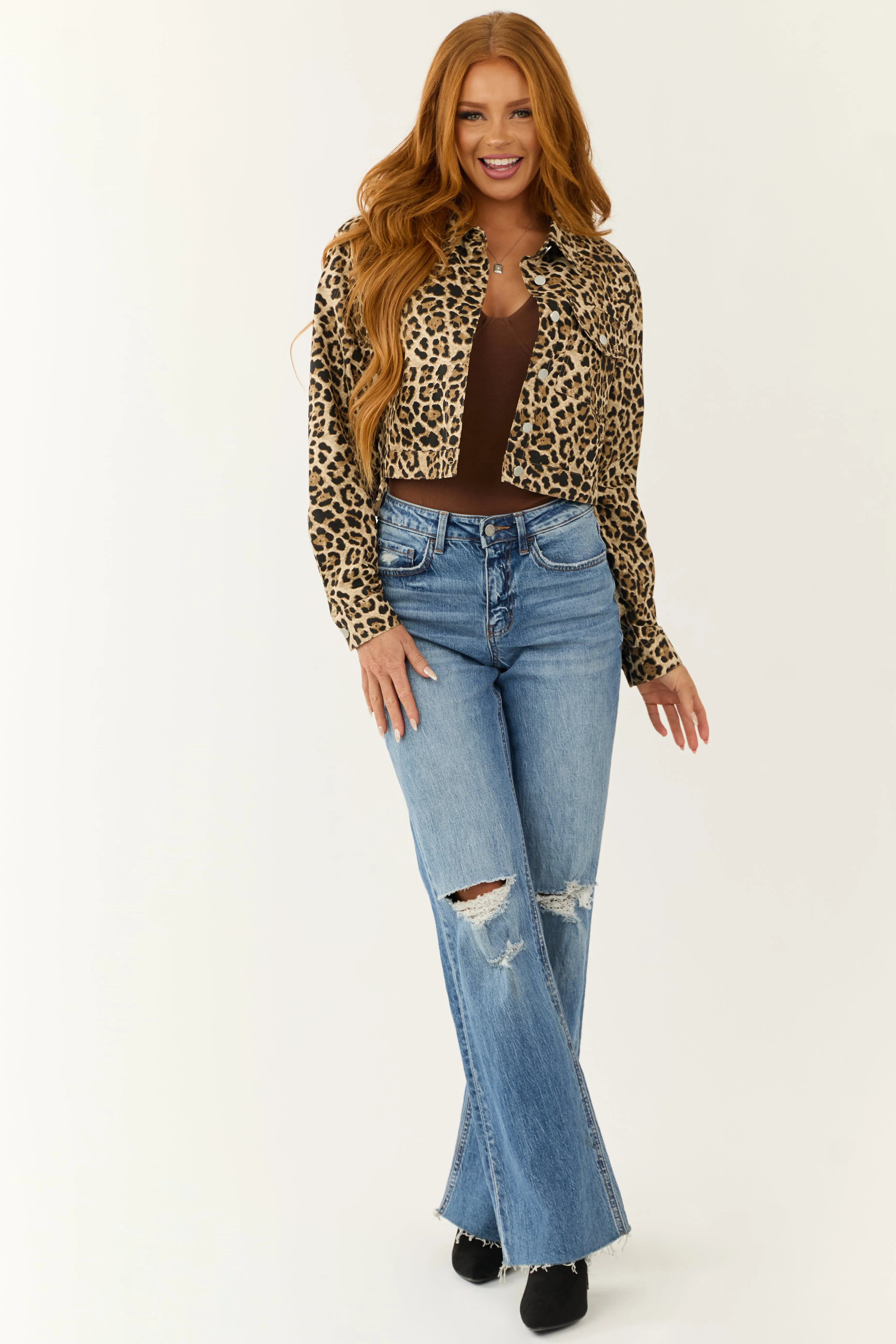 Leopard Print Button Down Denim Jacket