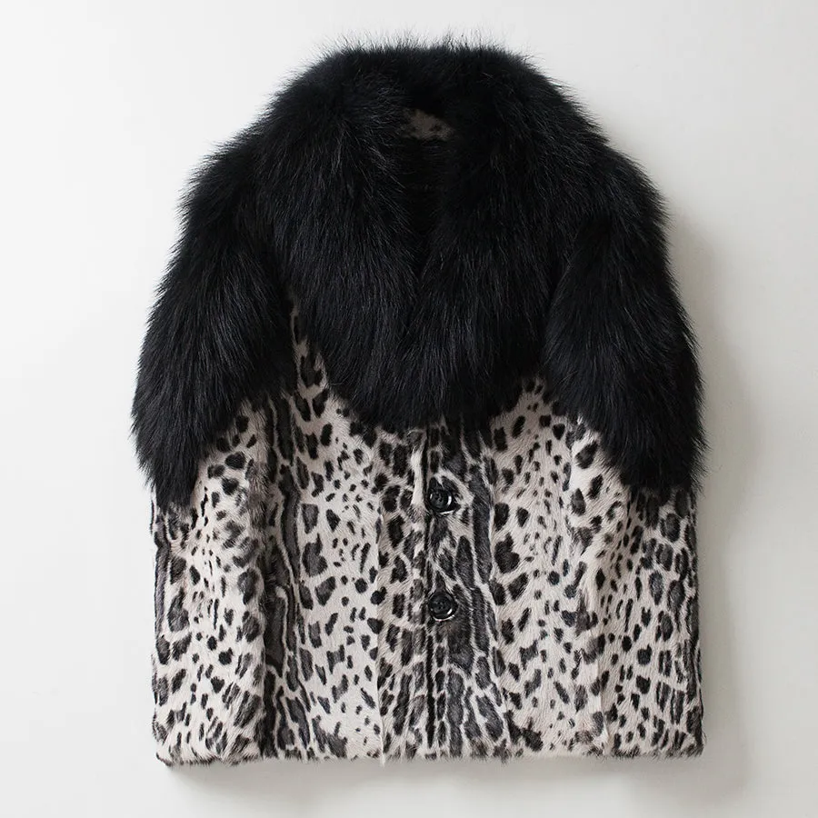 Leopard Sheep Fur Coat with Fox Fur Collar and Shoulder