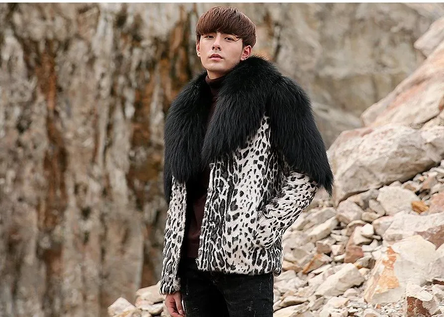 Leopard Sheep Fur Coat with Fox Fur Collar and Shoulder