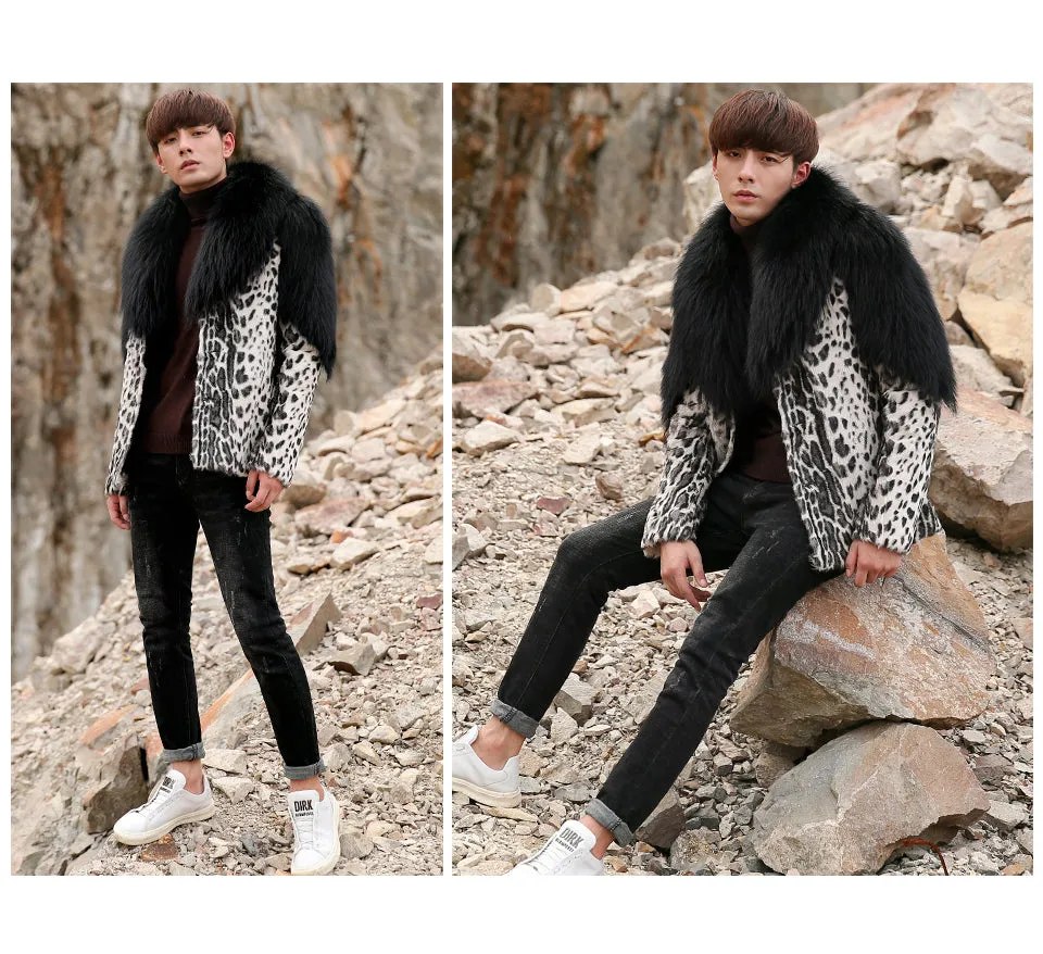 Leopard Sheep Fur Coat with Fox Fur Collar and Shoulder