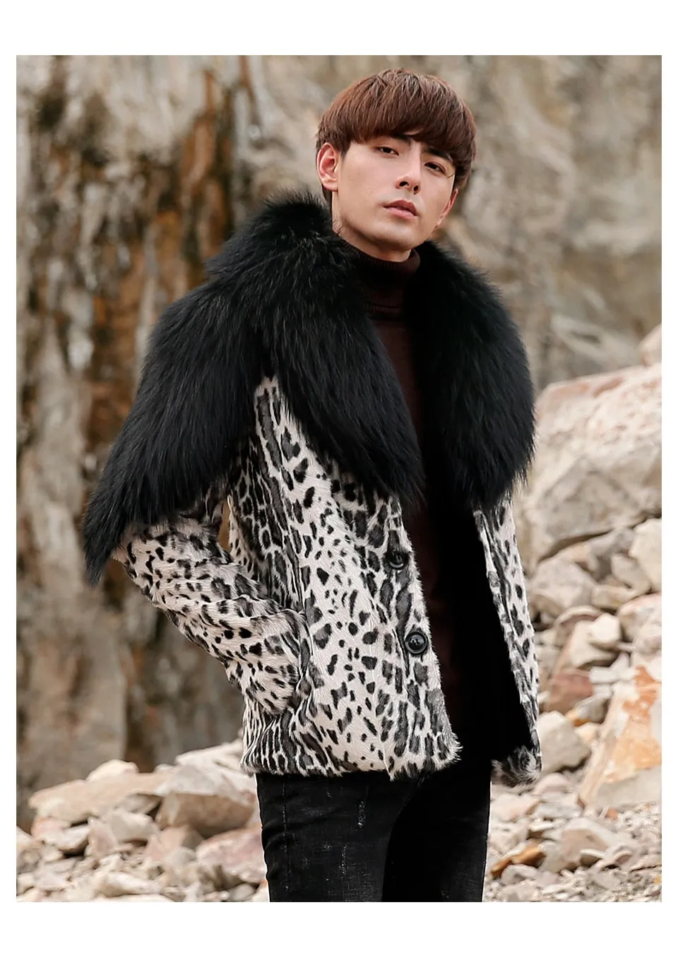 Leopard Sheep Fur Coat with Fox Fur Collar and Shoulder