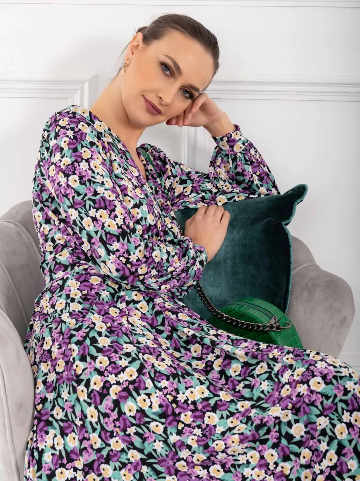 Libby Long Sleeve Midi Dress, Purple Floral