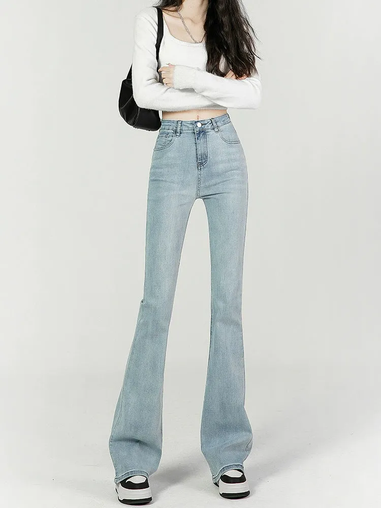 Light blue bootcut jeans women's high-waisted skinny horseshoe pants slim stretch small man flared pants women's summer