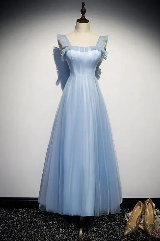 Light Blue Tulle Ankle Length Prom Dress