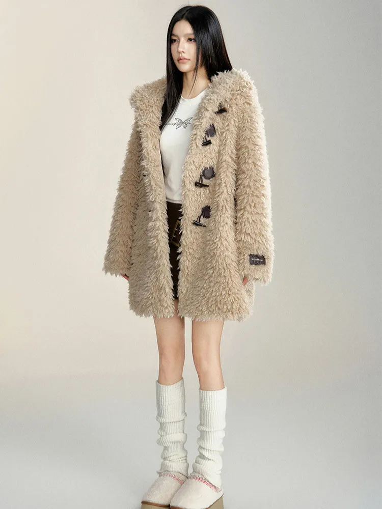 Long Lamb Wool Hooded Coat