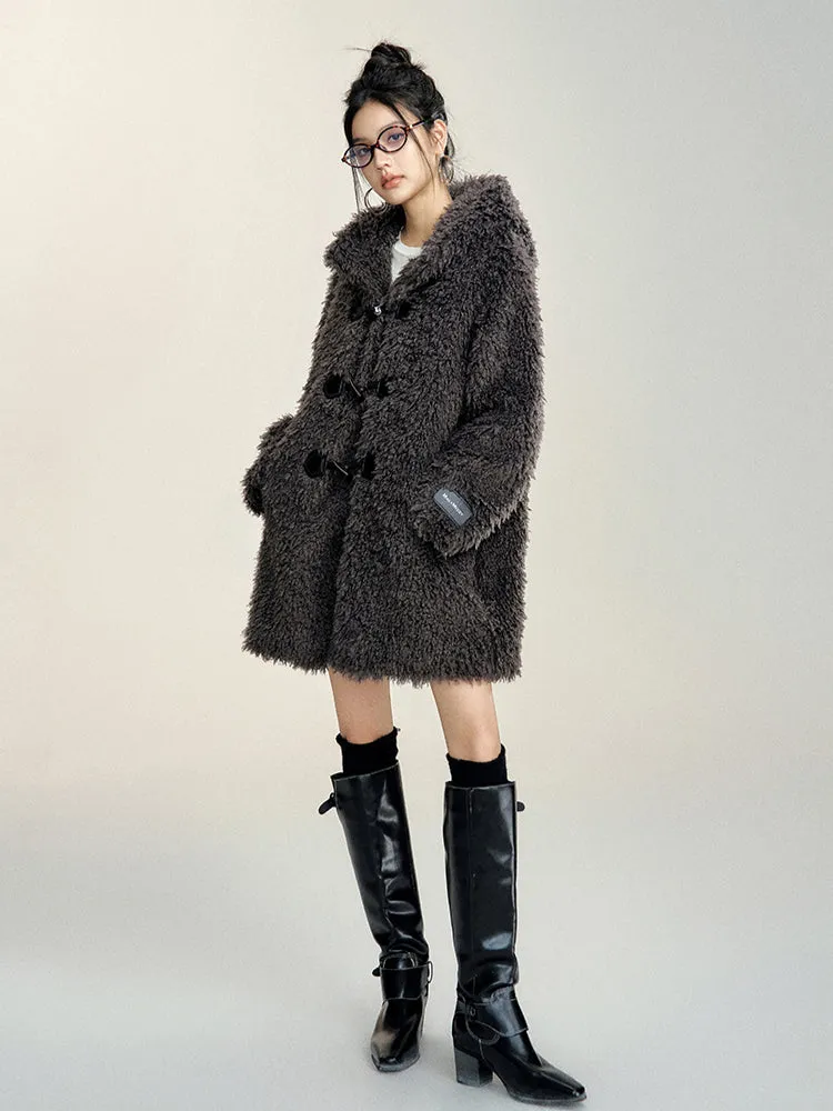 Long Lamb Wool Hooded Coat