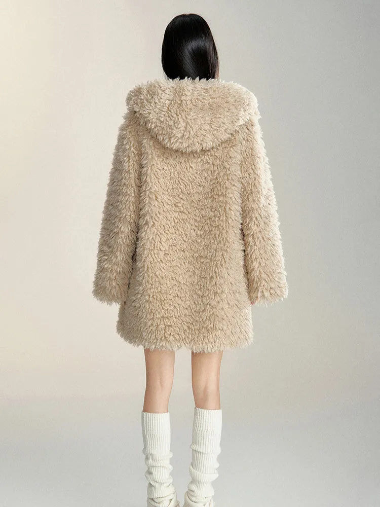 Long Lamb Wool Hooded Coat