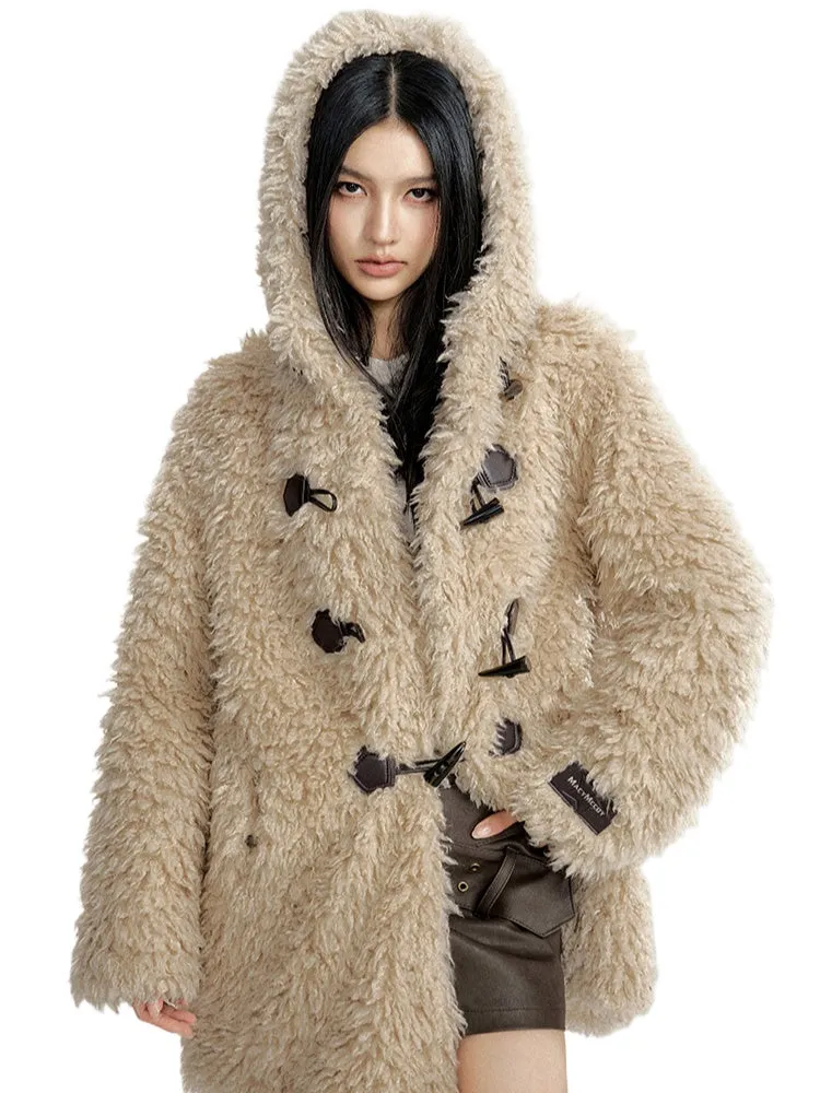 Long Lamb Wool Hooded Coat