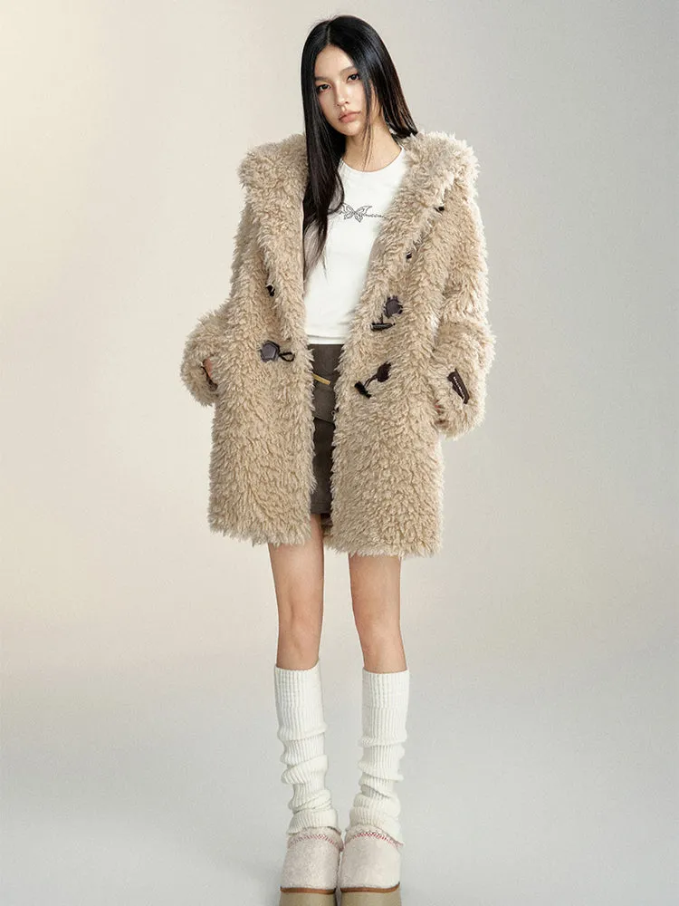 Long Lamb Wool Hooded Coat