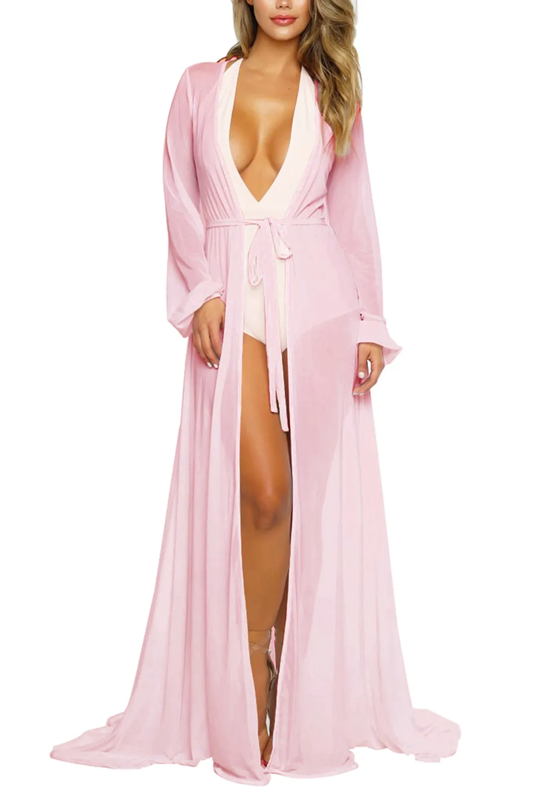 Long Sleeve Sheer Mesh Maxi Beach Cover Up For Women