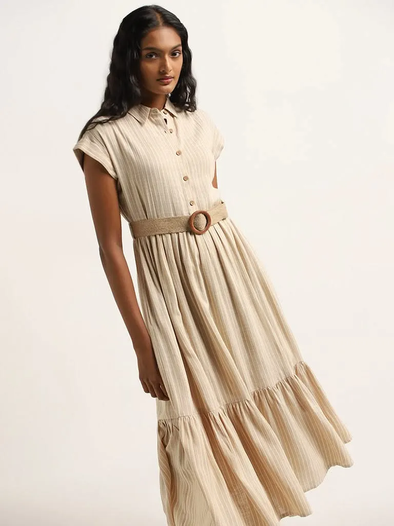 LOV Light Beige Tiered Blended Linen Shirt Dress with Belt