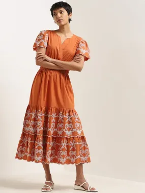 LOV Rust Smocked Waisted Cotton Tiered Maxi Dress