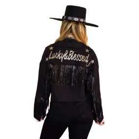 Lucky & Blessed Ladies All Around Sequins & Fringe Black Jacket JO134-BLK