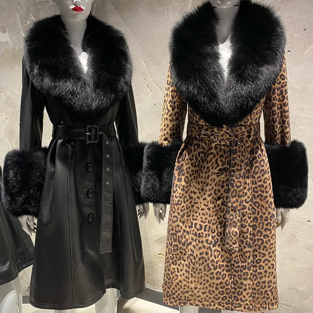 Luxury Detachable Fox Fur & Leather Belted Long Coat