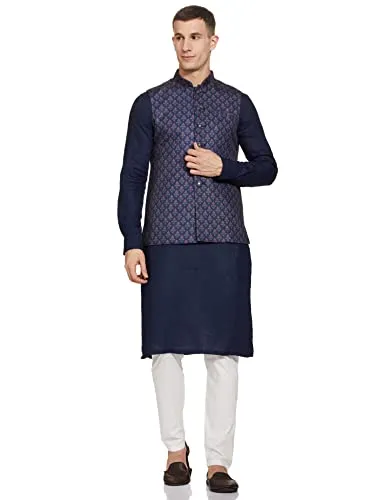 Manyavar Blue Art Silk Embroidered Celebration Kurta Jacket Set with Mandarin Collar 14