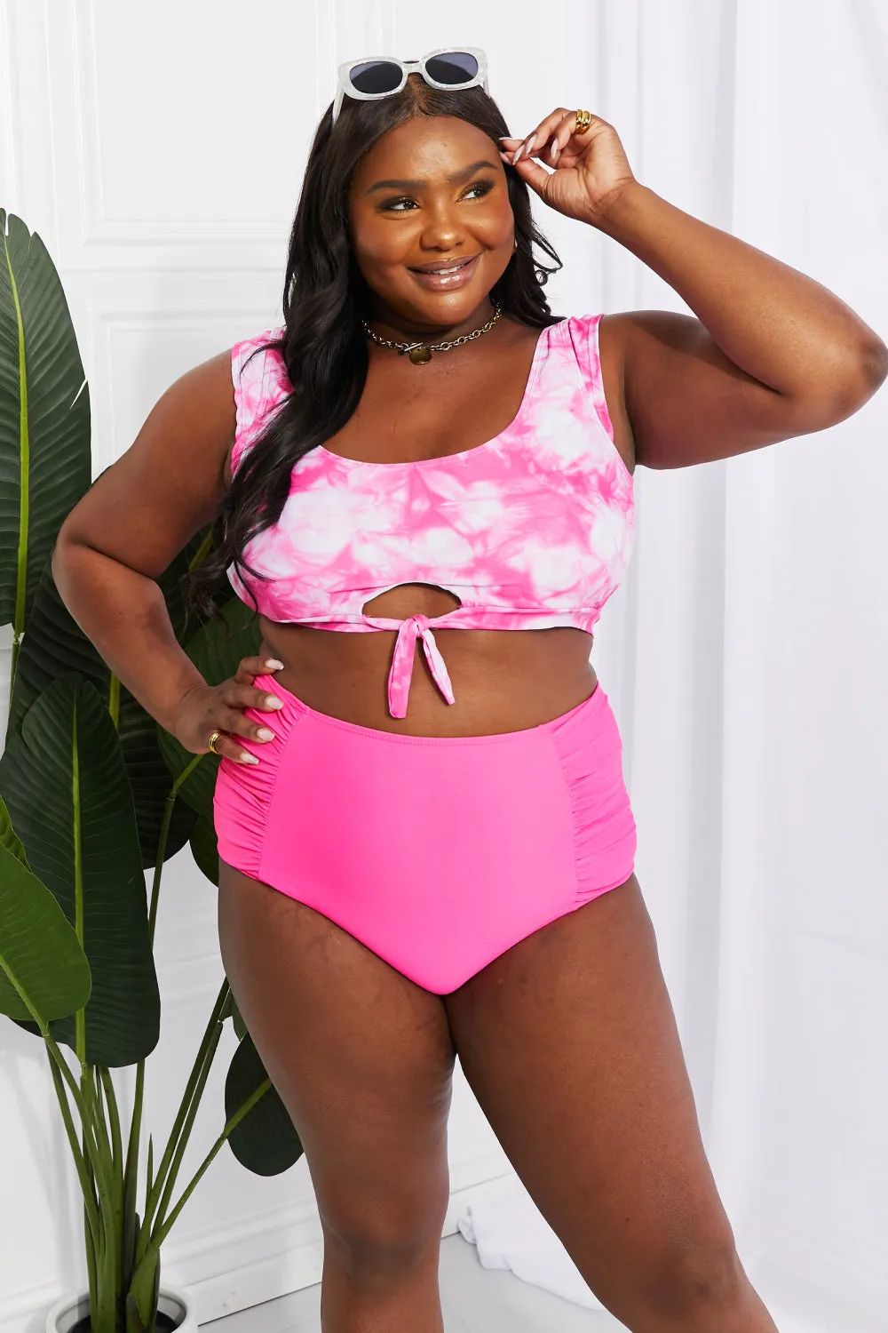 Marina West Swim Sanibel Crop Swim Top and Ruched Bottoms Set in Pink - Ships from The US