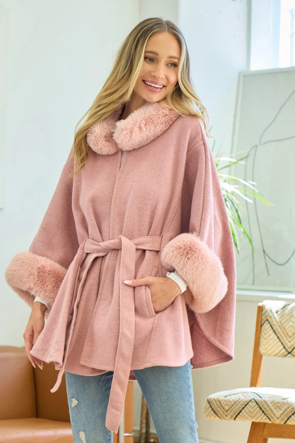 Mauve Faux Fur Trimmed Hood & Sleeve