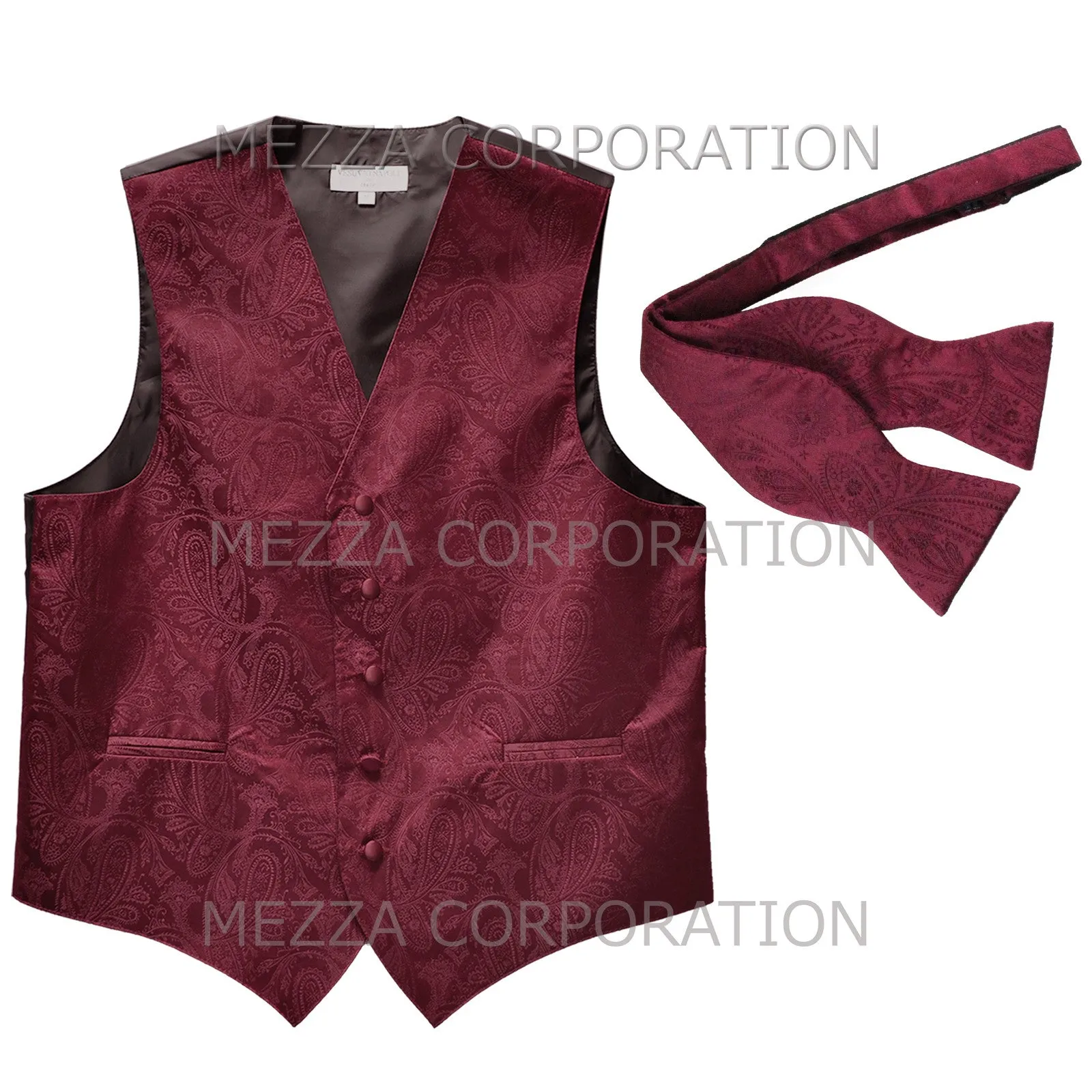 Men's paisley Tuxedo VEST Waistcoat_self tie bowtie burgundy