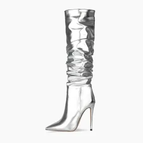 Merendy Reflect Thin high heels pointy Tall side-zip Mirror knee high boots