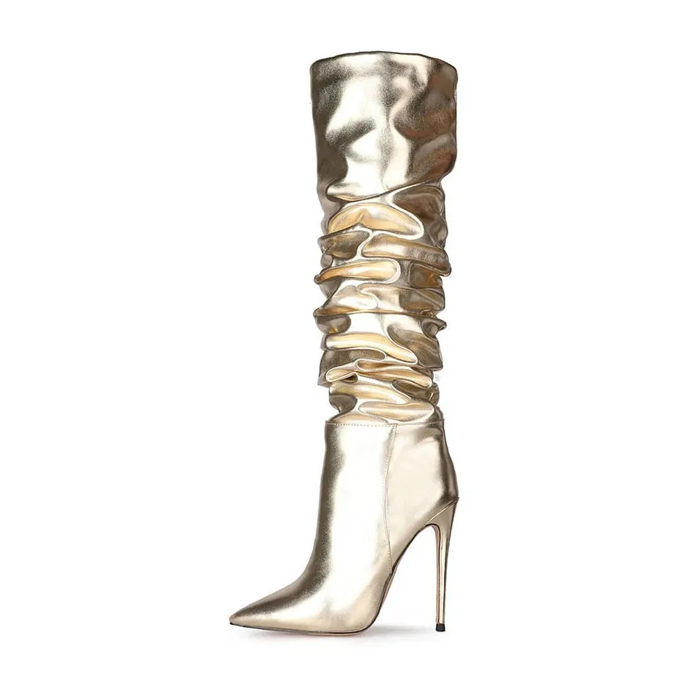 Merendy Reflect Thin high heels pointy Tall side-zip Mirror knee high boots