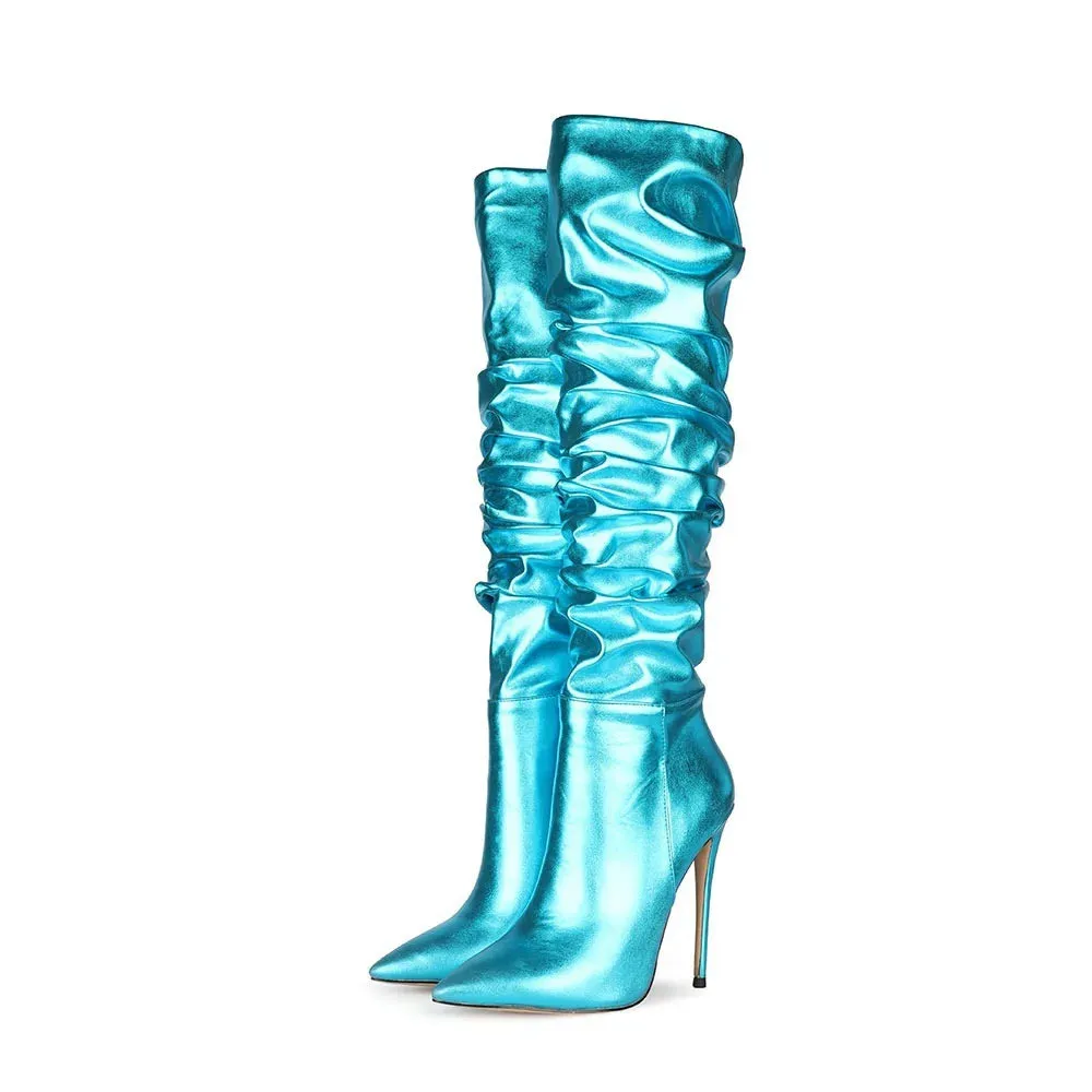 Merendy Reflect Thin high heels pointy Tall side-zip Mirror knee high boots