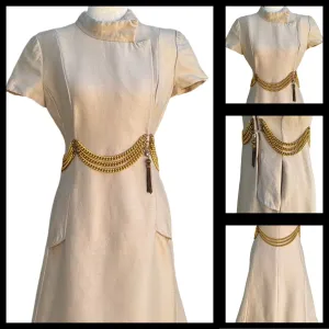 Mignon Vintage 60s 70s Chain Waist Detail Mandarin Collar Women's Midi Dress - M