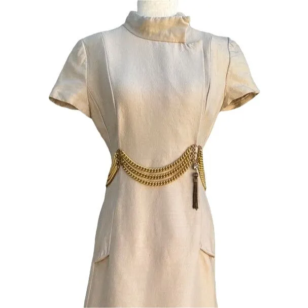 Mignon Vintage 60s 70s Chain Waist Detail Mandarin Collar Women's Midi Dress - M