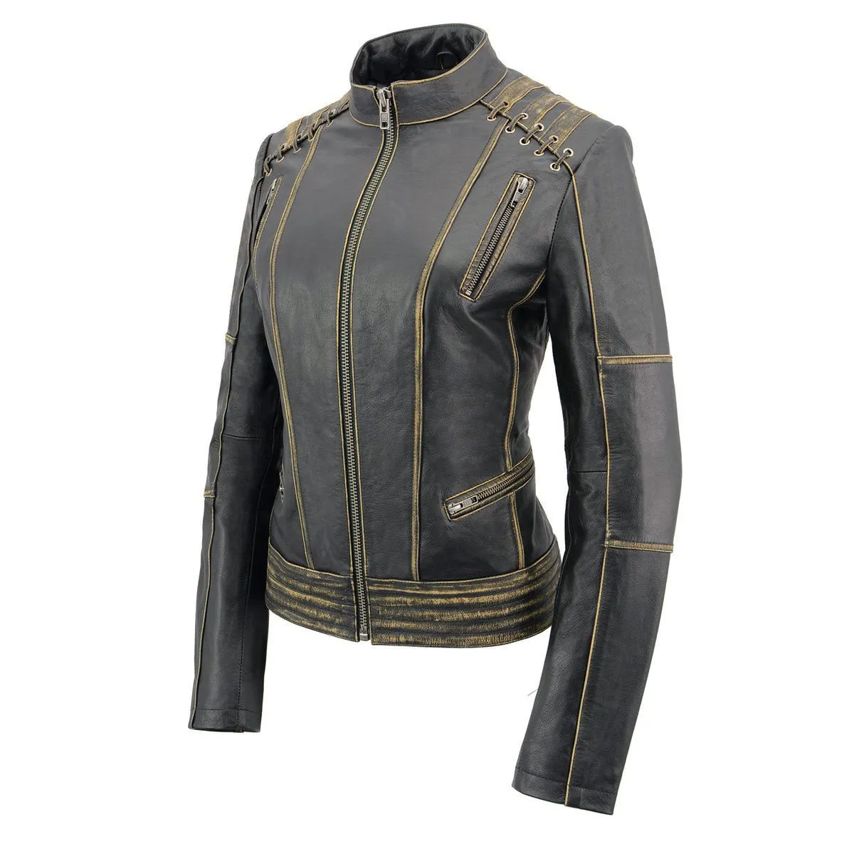 Milwaukee Leather MLL2527 Women's 'Elegant' Distressed Brown Detail Laced Leather Jacket