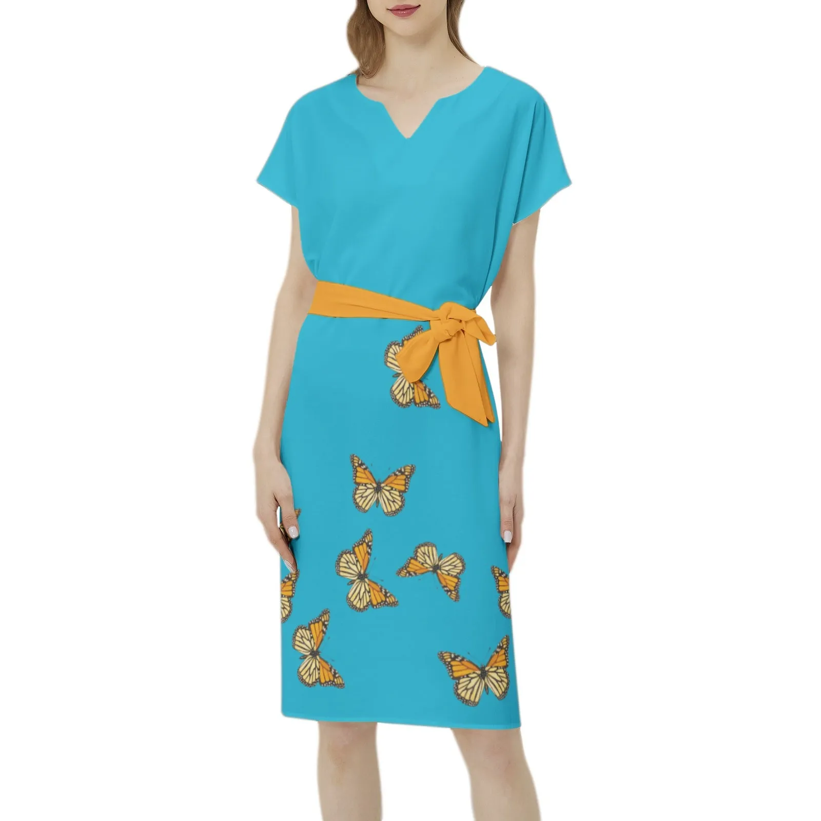 Monarch Butterfly  Batwing Sleeve Notch Neck Casual Dress with Belt