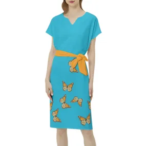 Monarch Butterfly  Batwing Sleeve Notch Neck Casual Dress with Belt