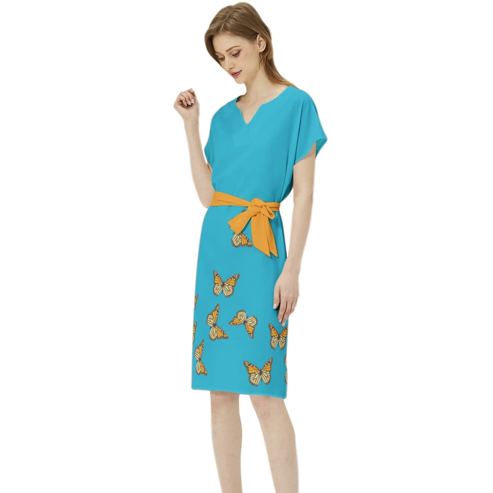 Monarch Butterfly  Batwing Sleeve Notch Neck Casual Dress with Belt