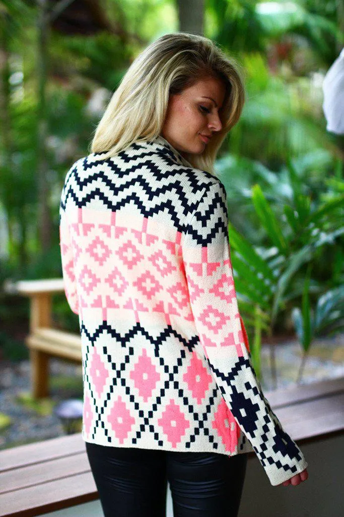 Neon Pink and Black Printed Cardigan