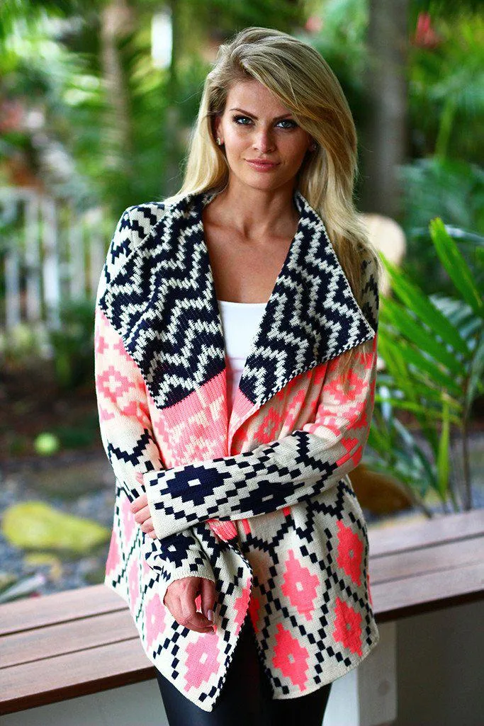 Neon Pink and Black Printed Cardigan