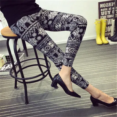 New 2017 Spring National Ethnic Style Retro Graffiti  Paintings Printing Flowers Trousers Printed High Elasticity Leggings