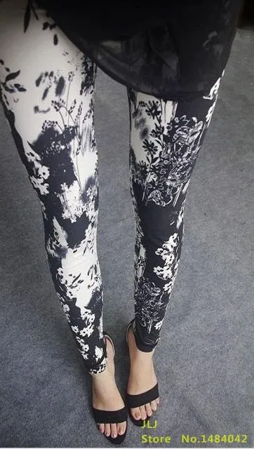 New 2017 Spring National Ethnic Style Retro Graffiti  Paintings Printing Flowers Trousers Printed High Elasticity Leggings