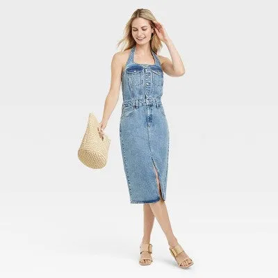 New - Universal Thread Women's Midi Halter Denim Dress