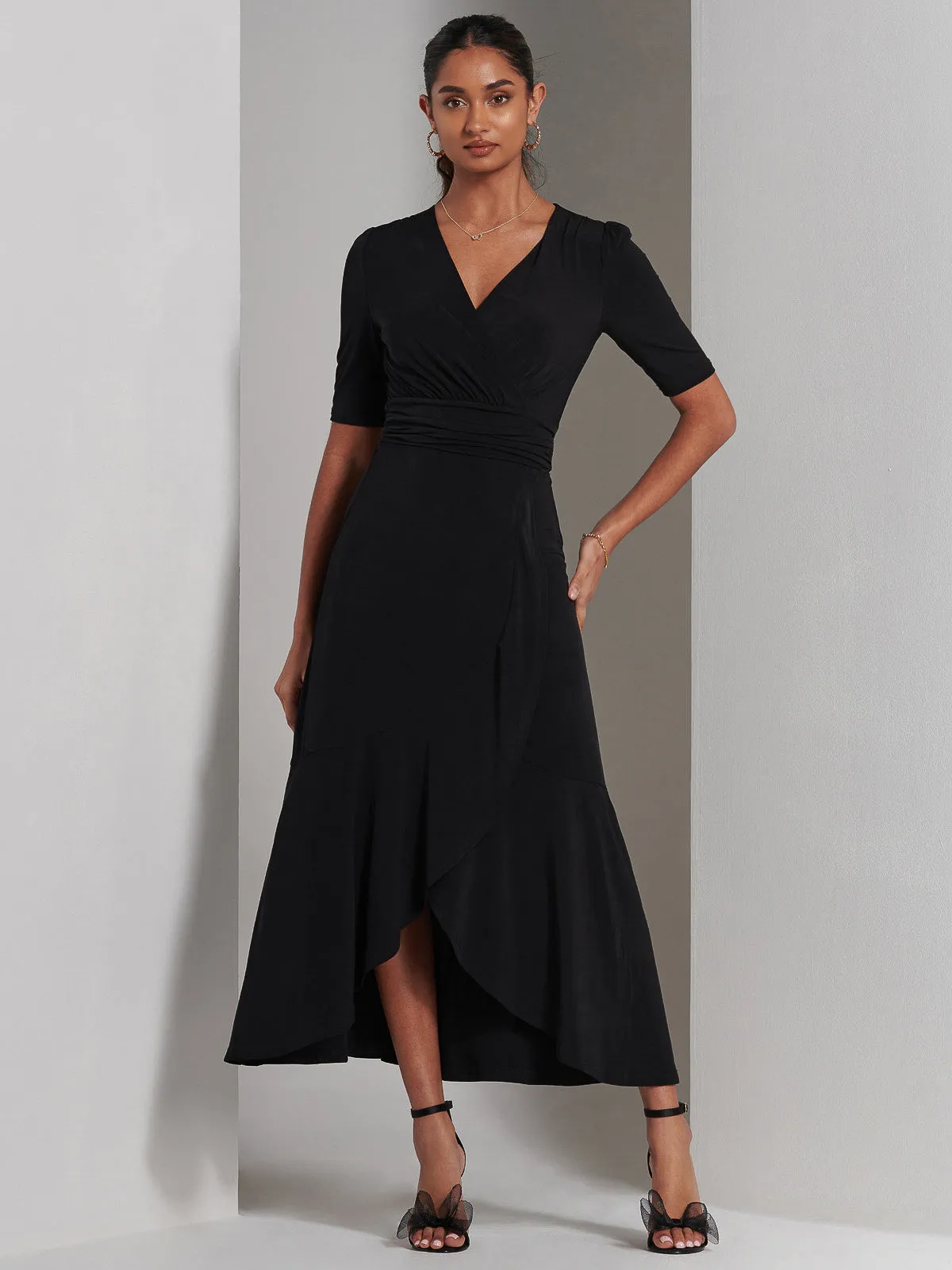 Olana Jersey Frill Hem Maxi Dress, Black