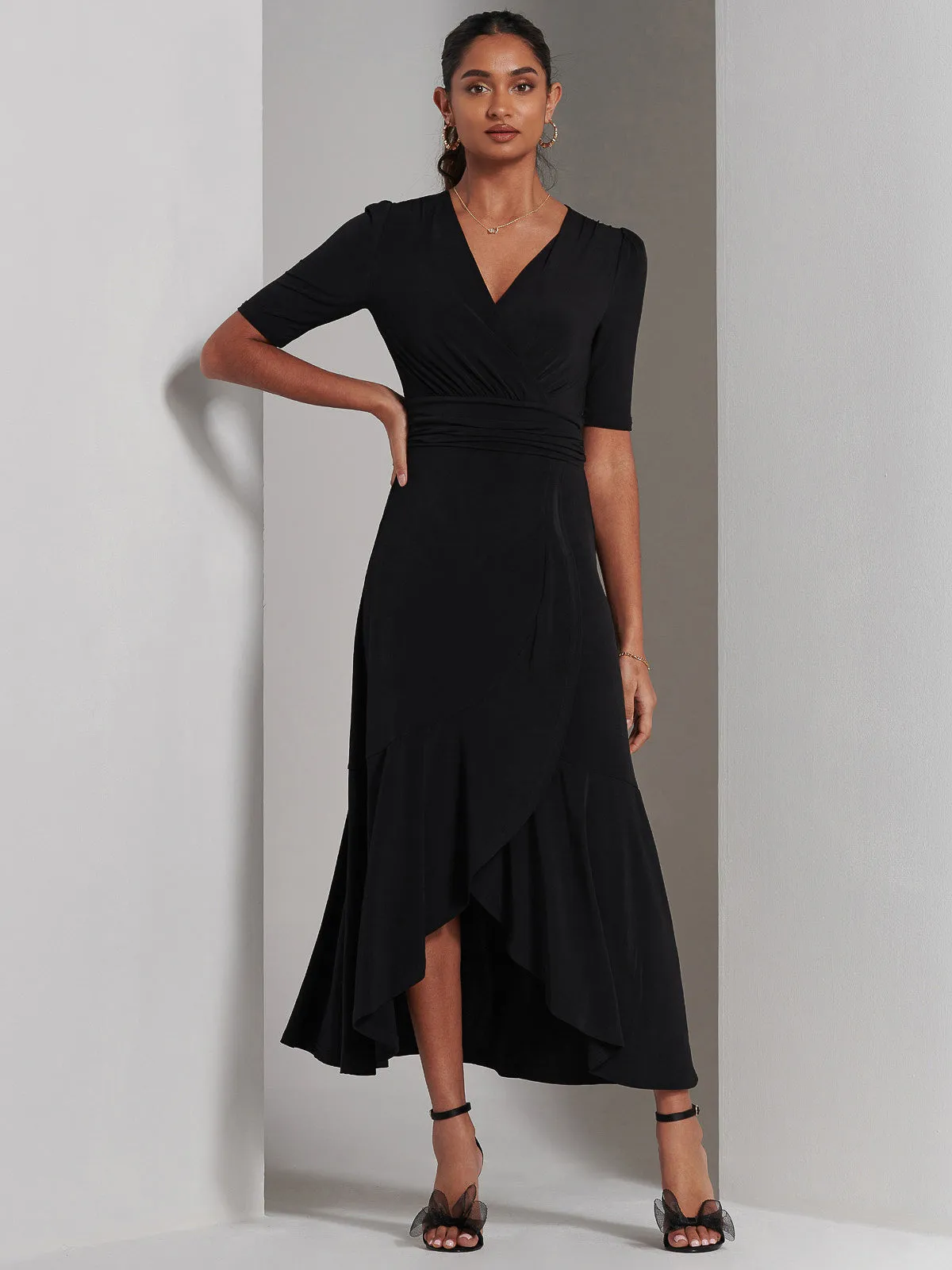 Olana Jersey Frill Hem Maxi Dress, Black