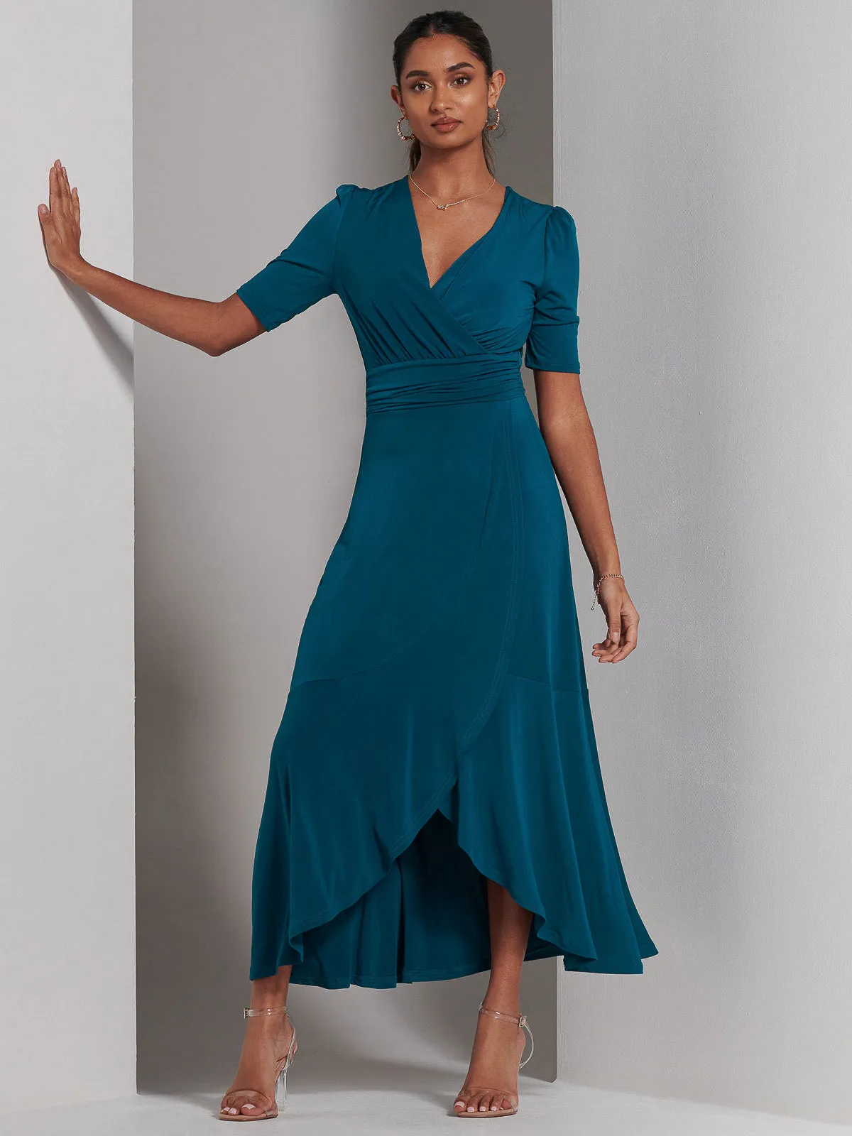 Olana Jersey Frill Hem Maxi Dress, Teal