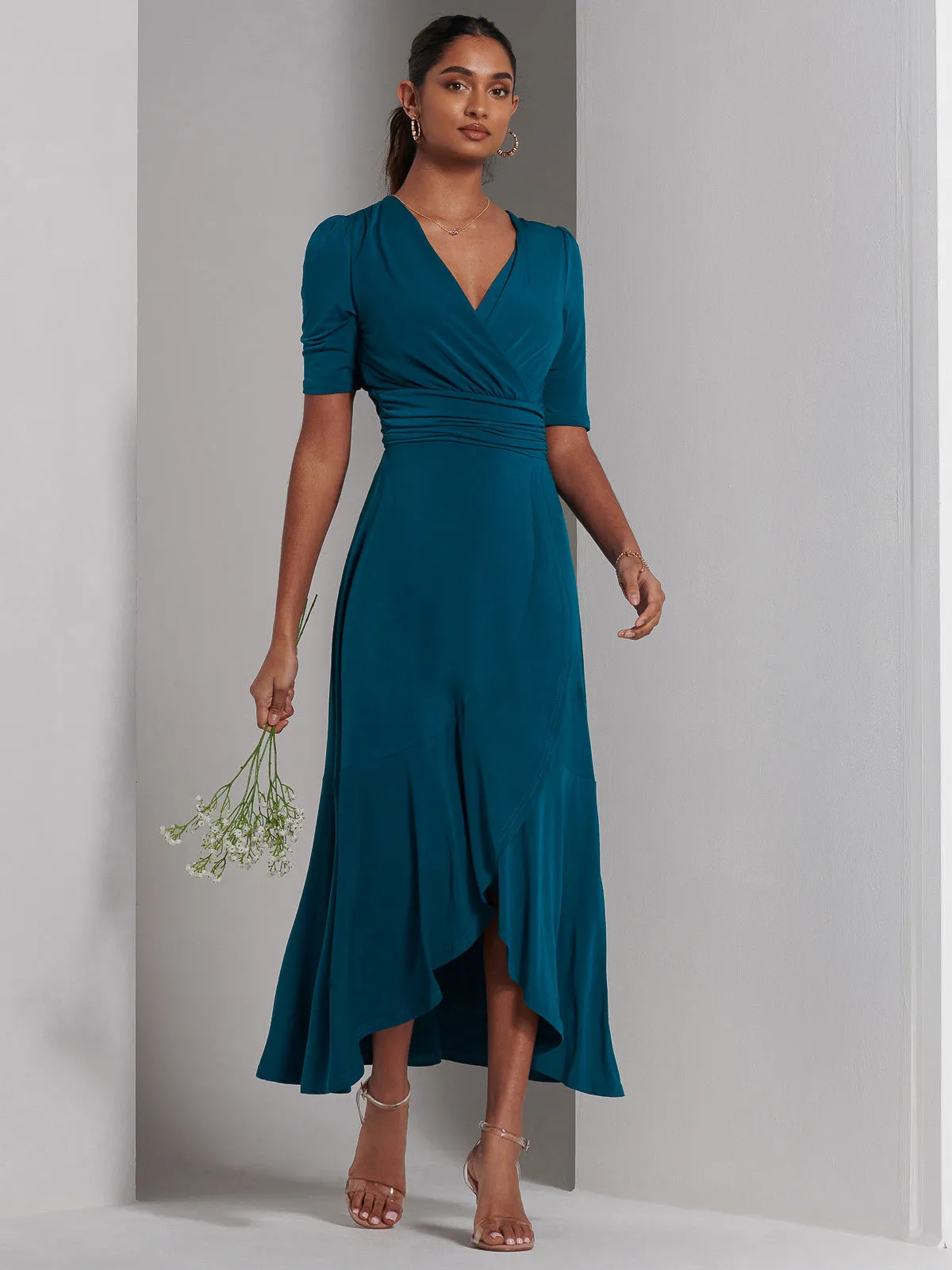 Olana Jersey Frill Hem Maxi Dress, Teal