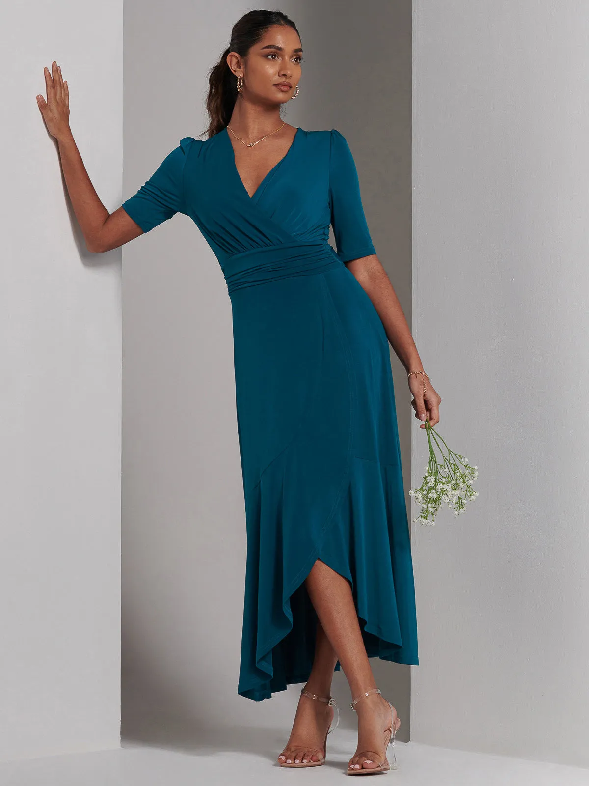 Olana Jersey Frill Hem Maxi Dress, Teal