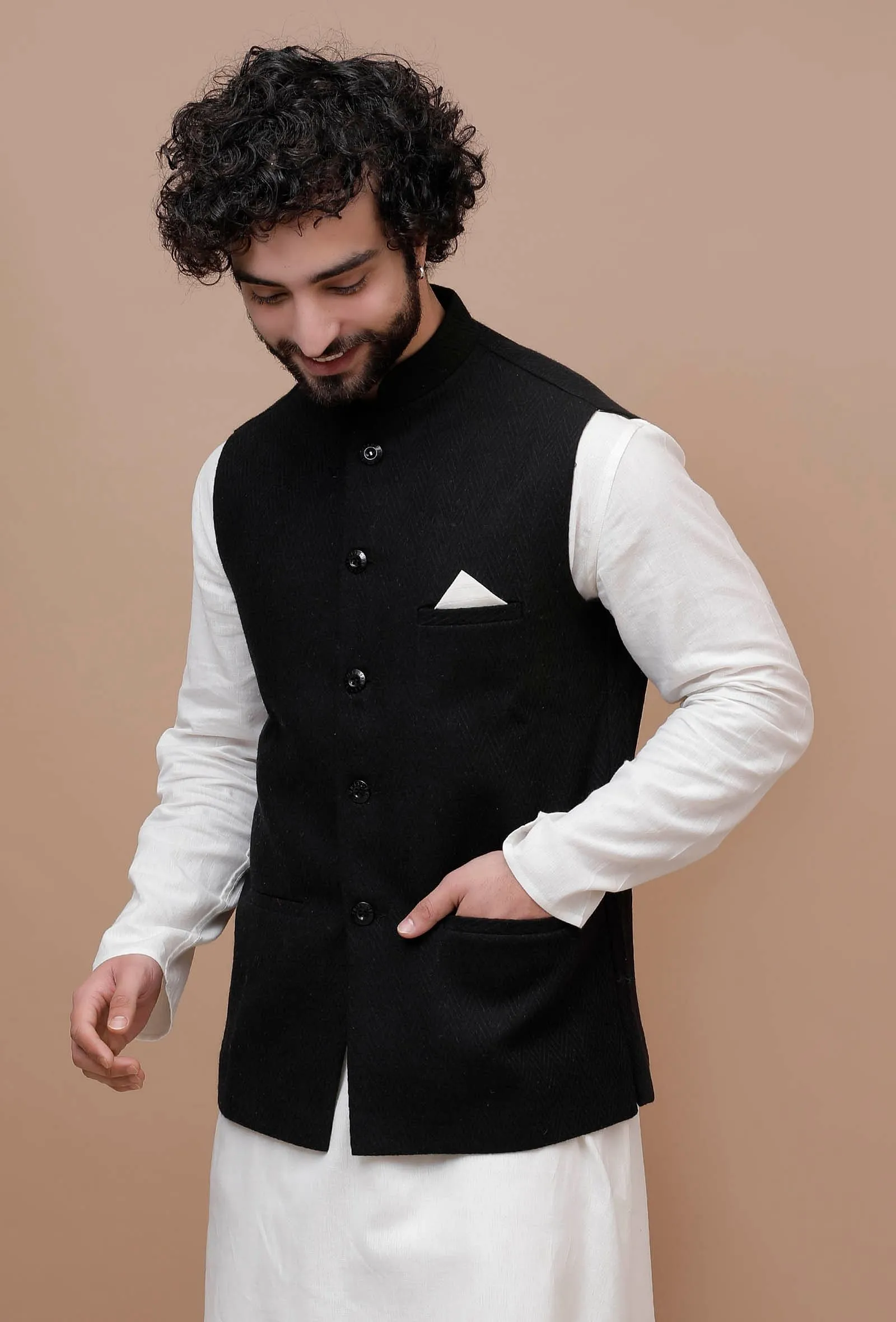 Onyx Black Check Woollen Nehru Jacket