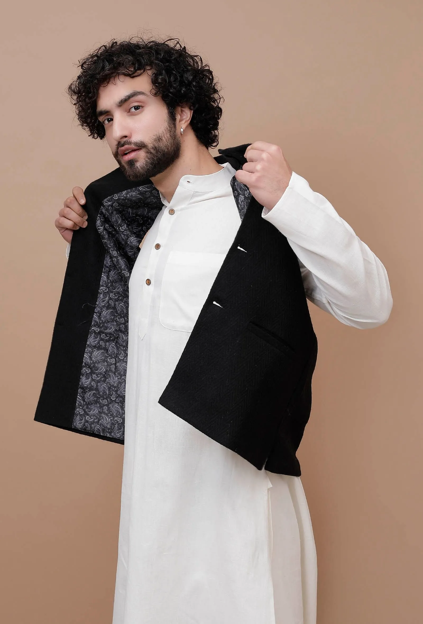 Onyx Black Check Woollen Nehru Jacket