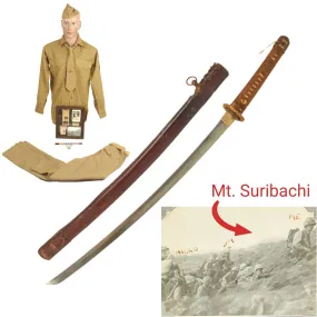 Original U.S. WWII Named 4th Marine Division Uniform Grouping with Japanese Officer Type 98 Katana by HIDETOSHI & Capture Document - Cpl. George Appleton, Wounded At Iwo Jima