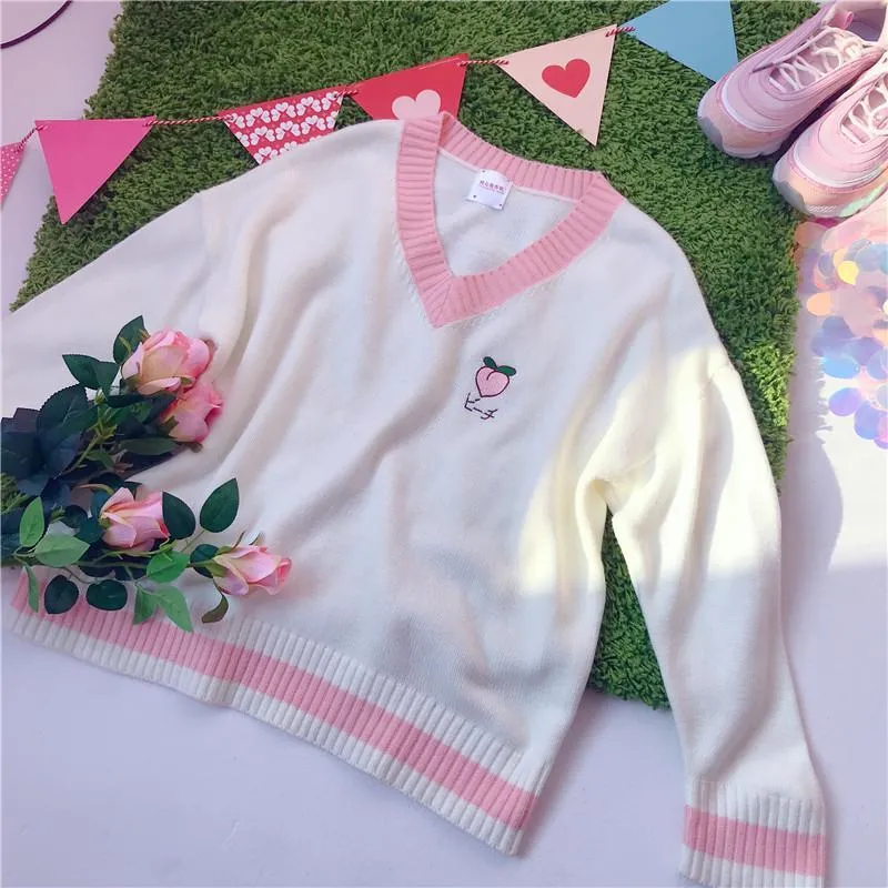 Peach Strawberry Embroidery White Sweater