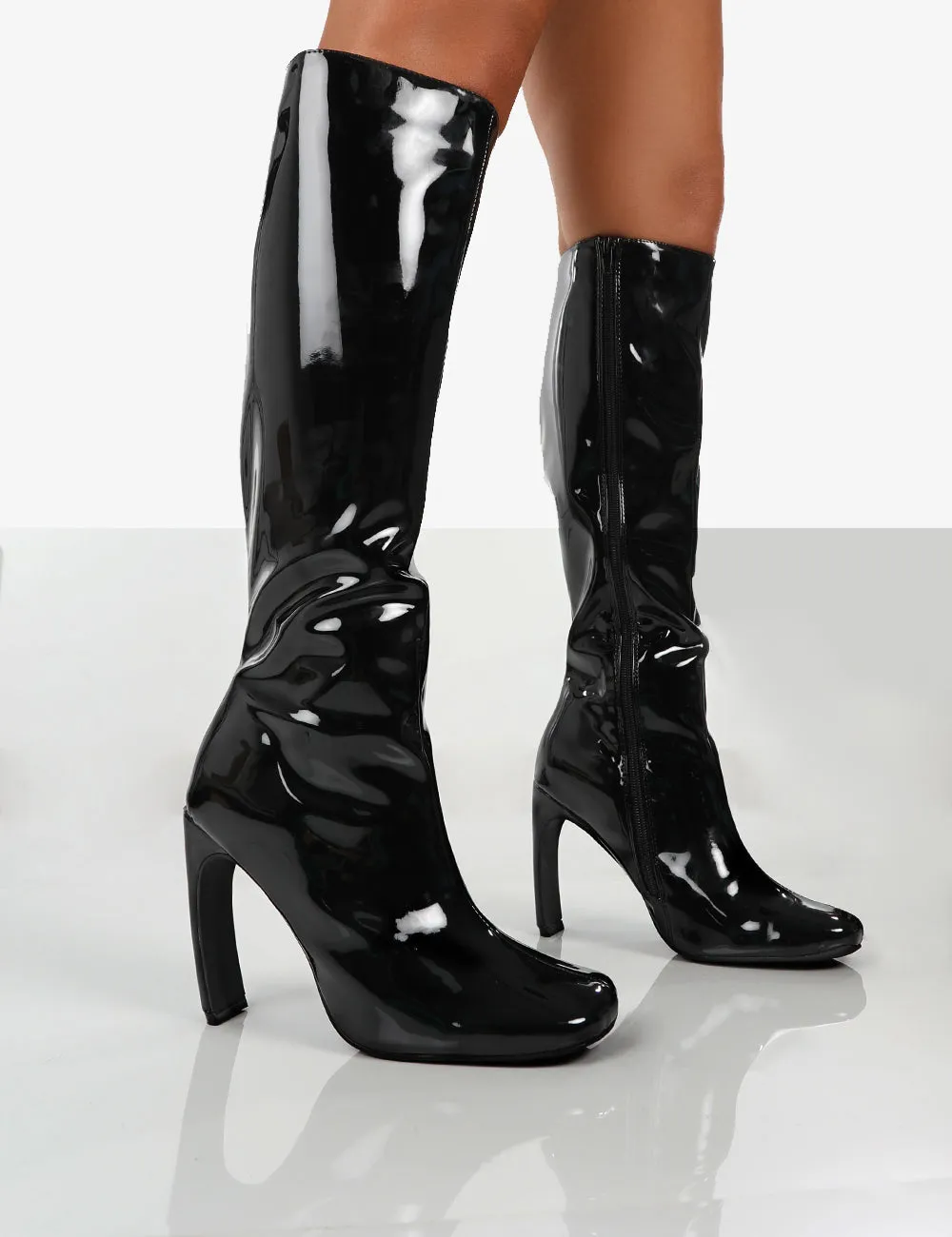 Peppa Black Patent Block Heel Knee High Boots