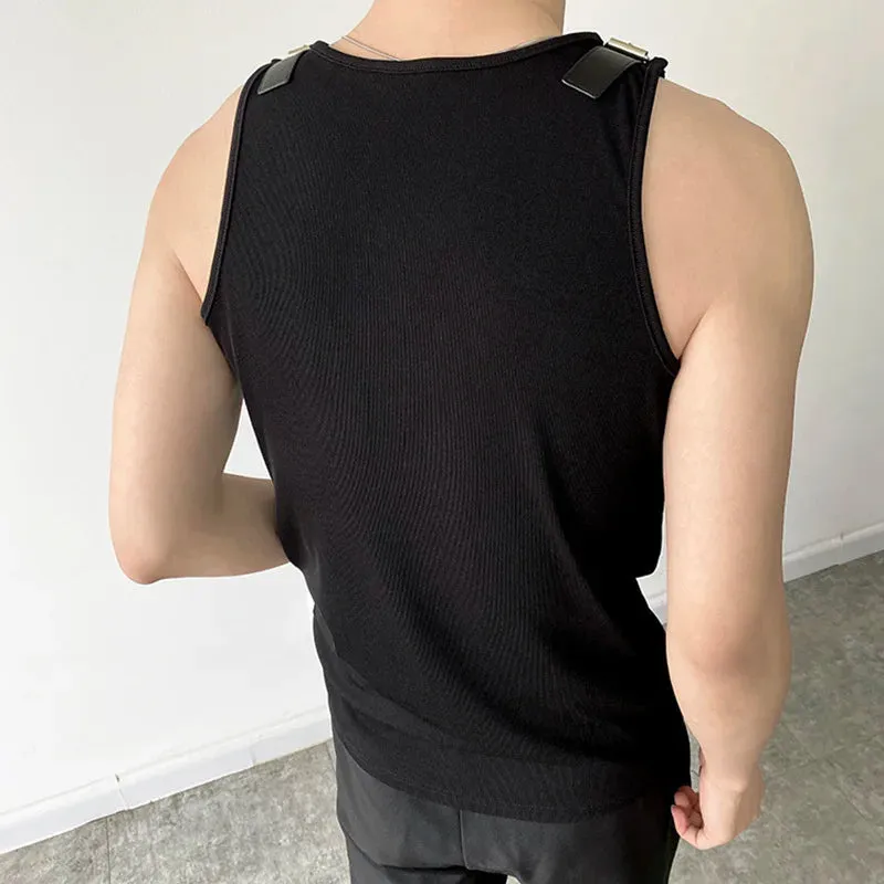 Personalized Design Men's Leather Shoulder Loop Vest Solid Color Korean Casual Knitted Sleeveless Fashion 9A1978